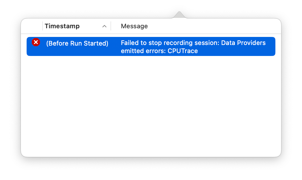 Popover from Instruments after running the Processor Trace tool.

[Error]
Timestamp: (Before Run Started)
Message: Failed to stop recording session: Data Providers emitted errors: CPUTrace