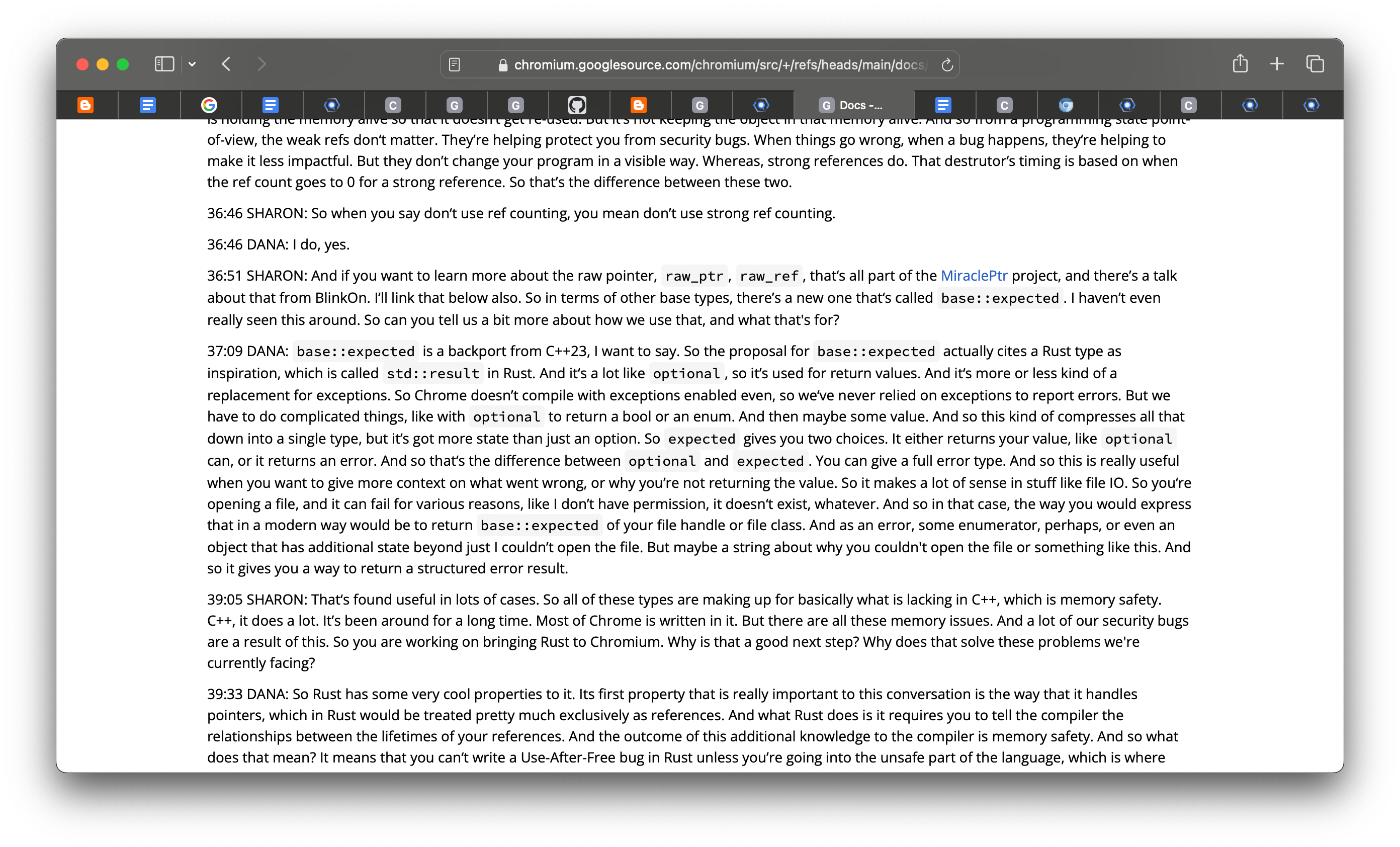 Safari window with 20 tabs open, the highlight tab being https://chromium.googlesource.com/chromium/src/+/refs/heads/main/docs/transcripts/wuwt-e01-pointers.md