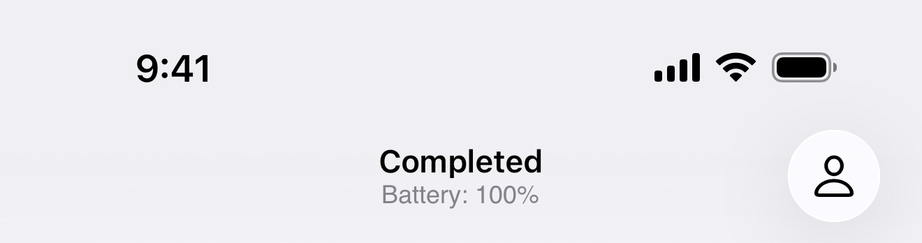 Screenshot of the Unwyze navigation bar, with the default 9:41 status bar and navigation bar title “Completed” in San Francisco and subtitle “Battery: 100%” in Helvetica 12 point. On the right is a button with the “person” symbol.