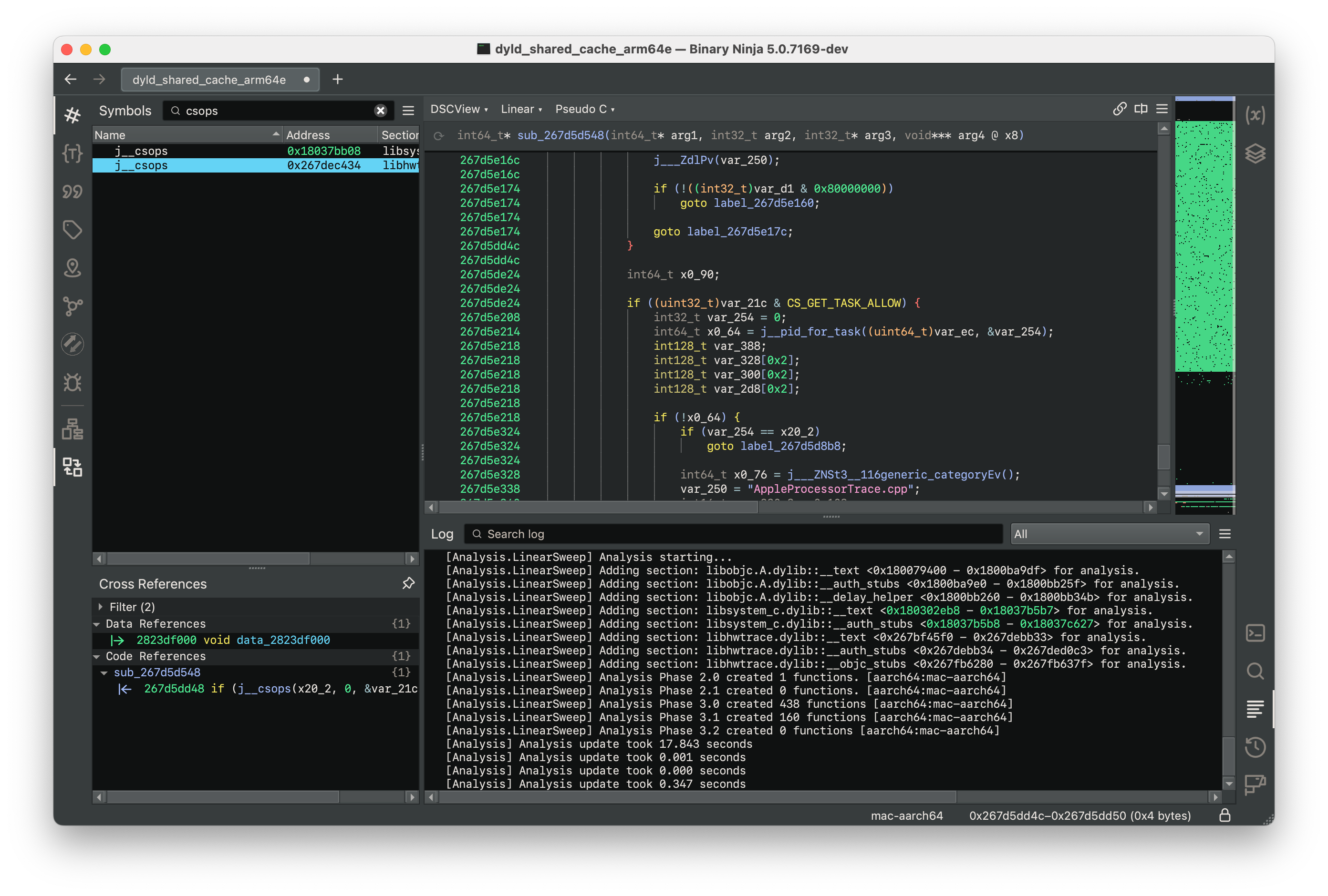 Screenshot of Binary Ninja showing decompilation of an unknowable function inside of libhwtrace.dylib that calls csops with CS_OPS_STATUS and checks for CS_GET_TASK_ALLOW before proceeding.