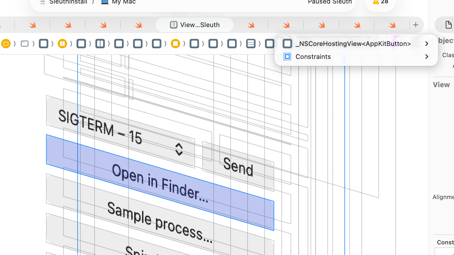 Screenshot of Xcode view debugger attached to Sleuth’s sidebar, which has some buttons. One button is selected, showing that it is in fact a _NSCoreHostingView<AppKitButton>.