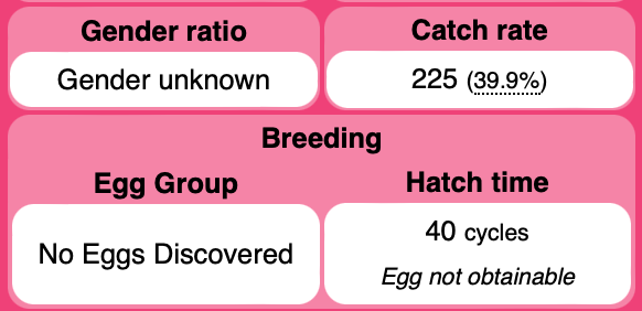 Screenshot from the infobox on https://bulbapedia.bulbagarden.net/wiki/Unown_(Pok%C3%A9mon).

Gender ratio: Gender unknown [ok, this is kind of funny]
Catch rate: 225 (39.9%)

Breeding
Egg Group: No Eggs  Discovered
Hatch time: 40 cycles/Egg not obtainable