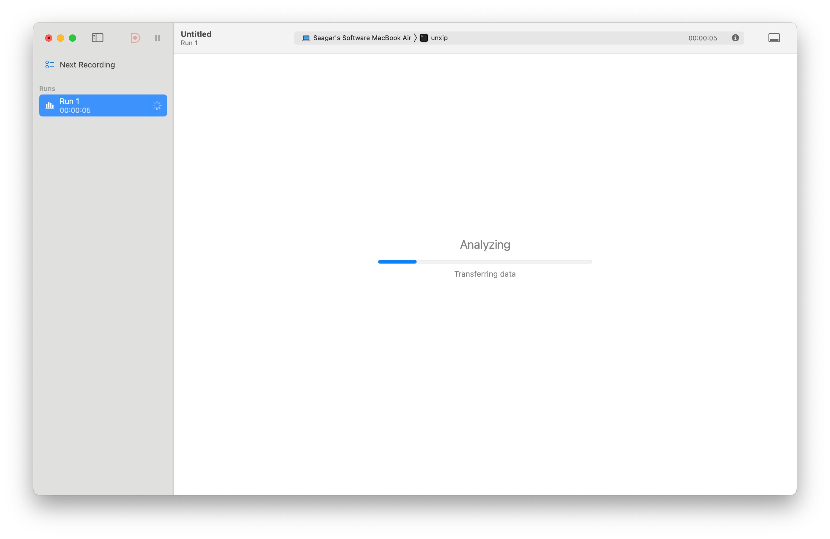 Screenshot of Instruments running a Processor Trace against unxip on Saagar’s Software MacBook Air. The trace has been stopped after 5 seconds and is “Analyzing/Transferring Data”.